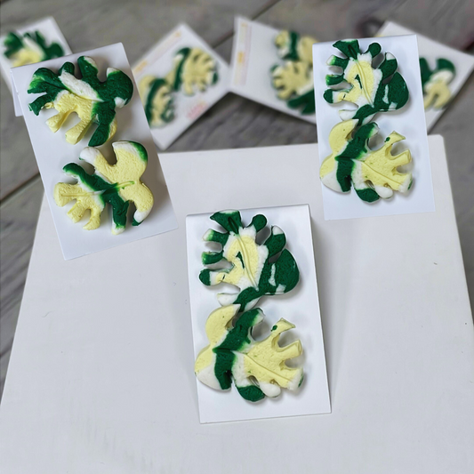 Variegated Monstera Leaf Stud Earrings