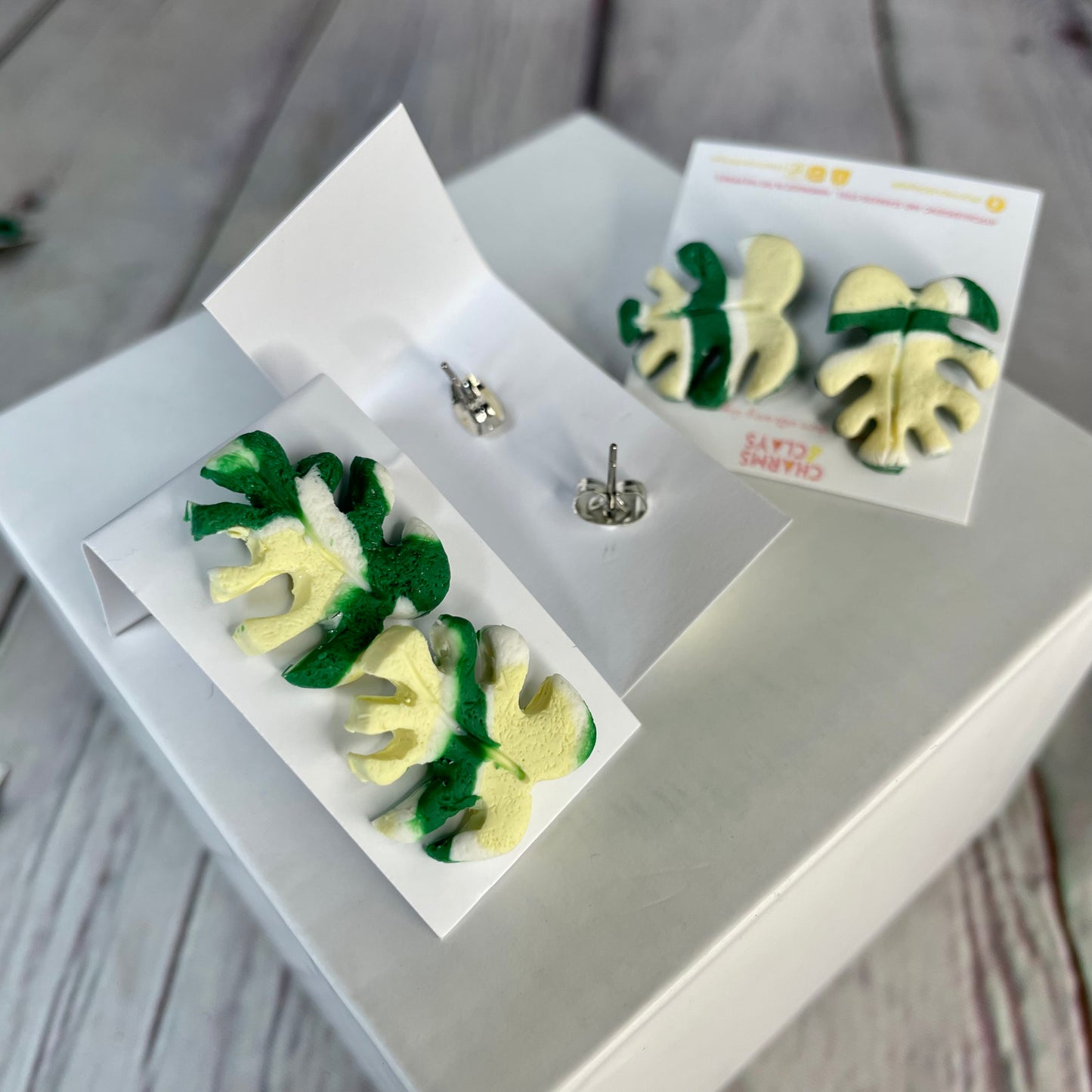 Variegated Monstera Leaf Stud Earrings