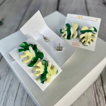 Variegated Monstera Leaf Stud Earrings